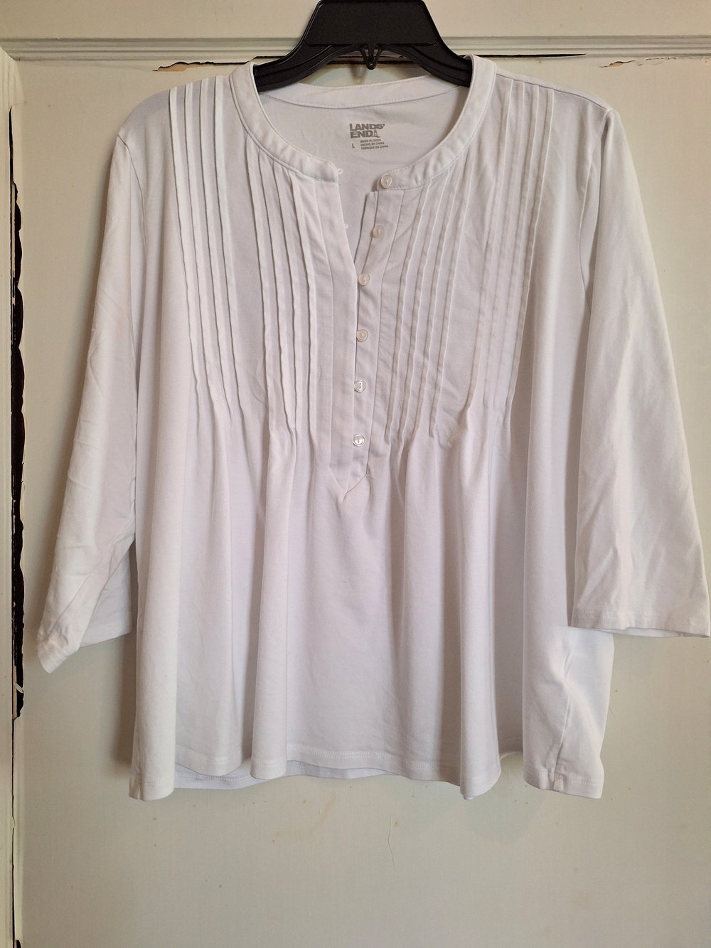 Lands End Womens Henley 3/4 Sleeve Pintuck Top White Pullover Sz L Casual